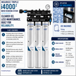 An infographic diagram for the Pentair i4000 Triple H10 Water Filtration System, showing the complete filter cartridge assembly, specifications, sizing, and key features on a white background with blue and yellow accents.