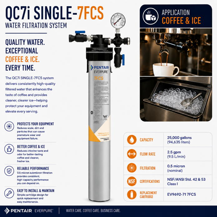 Pentair Everpure QC7i Single-7FCS Water Filtration System infographic on a white background, featuring a central filter cartridge, a coffee machine in use, and technical specifications on the right.