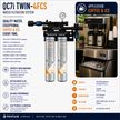 Pentair Everpure QC7i TWIN-4FCS Water Filtration System promotional graphic showing two white and orange filter cartridges, technical specs, icons, and a photo of the system installed on a coffee machine.