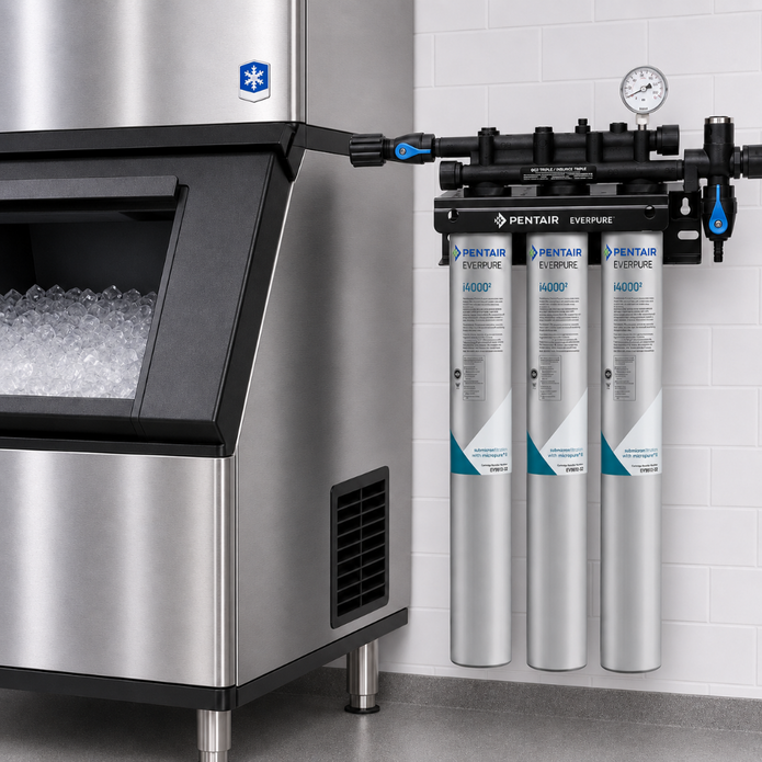 Pentair Everpure water filter system with three silver cylindrical filter cartridges mounted on a black wall-mounted bracket next to a stainless steel ice machine.